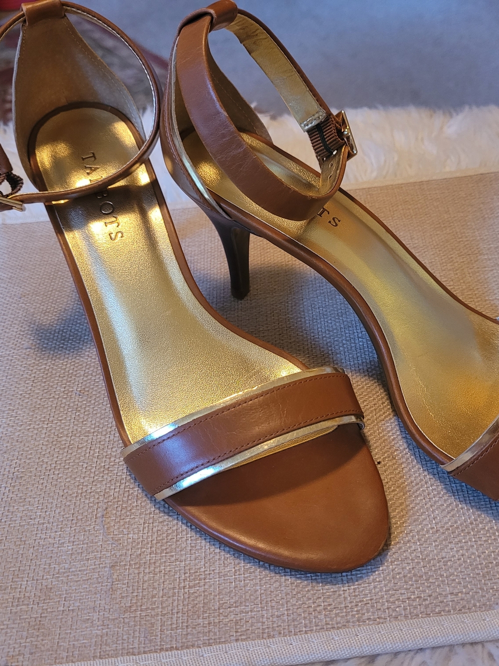 NEW/NEVER WORN - Talbots Tan Leather Ankle-Strap Heels with Gold Insole
